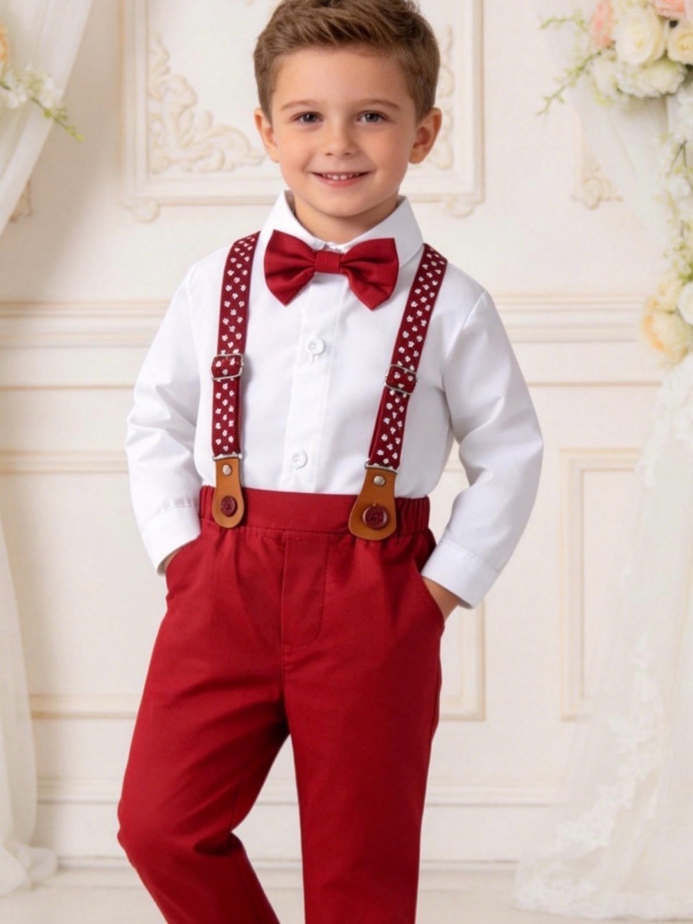 SHEIN Red Bow Tie and Heart-Pattern Suspenders Set for Kids Size 6Y
